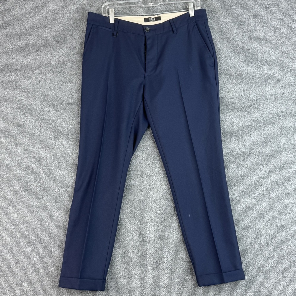 NEUW Pants Mens 31x28 Navy Blue Wool Blend Tailored Dress Trousers Cuffed